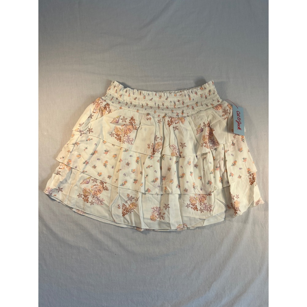 Cat & Jack Girls XL 14 Cream Floral Seashell Tiered Smocked Skirt NWT